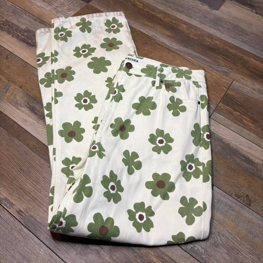 Green white floral print trousers | Boot Cut Pants | Jeans